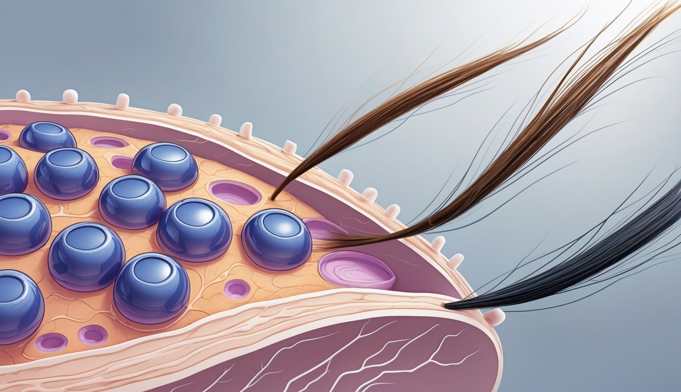 Close-up cross-section of scalp showing healthy hair follicles nourishing vibrant hair strands next to dull hair strands affected by permanent hair dye.