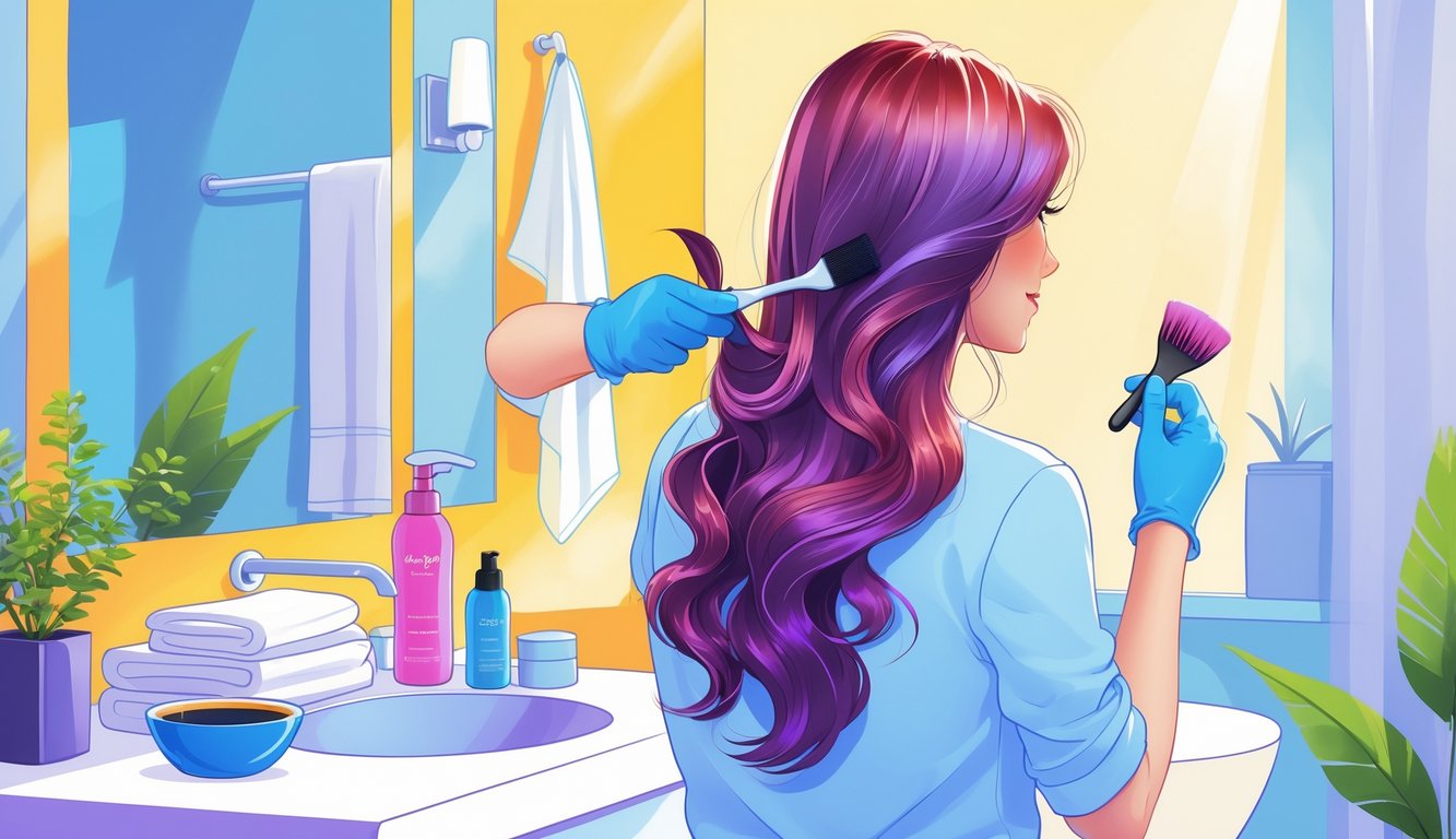 A person applying hair color at home in a bright bathroom with hair dye tools and products on the counter.