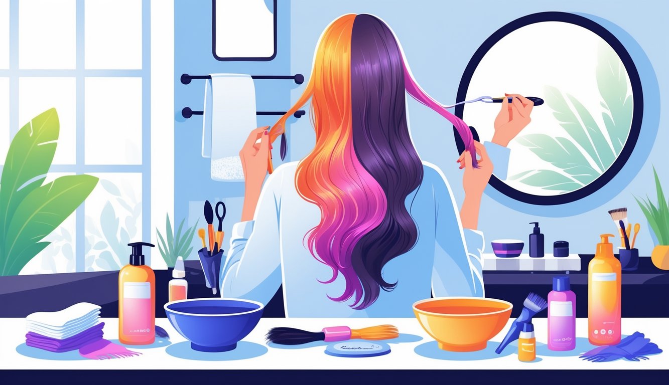 A person applying hair color in a bright bathroom, with hair coloring tools and products arranged nearby.