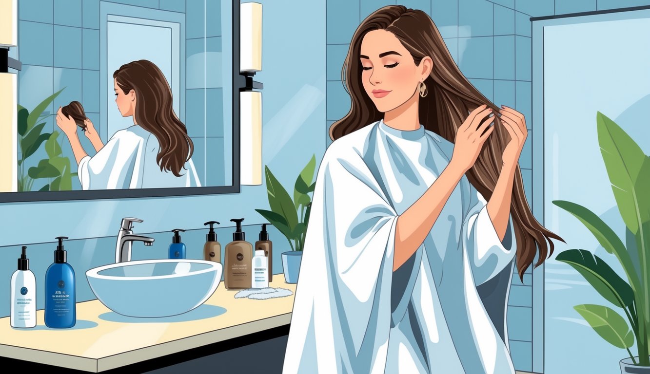 A woman applying pre-color treatment to her hair in front of a bathroom mirror with hair care products on the counter.