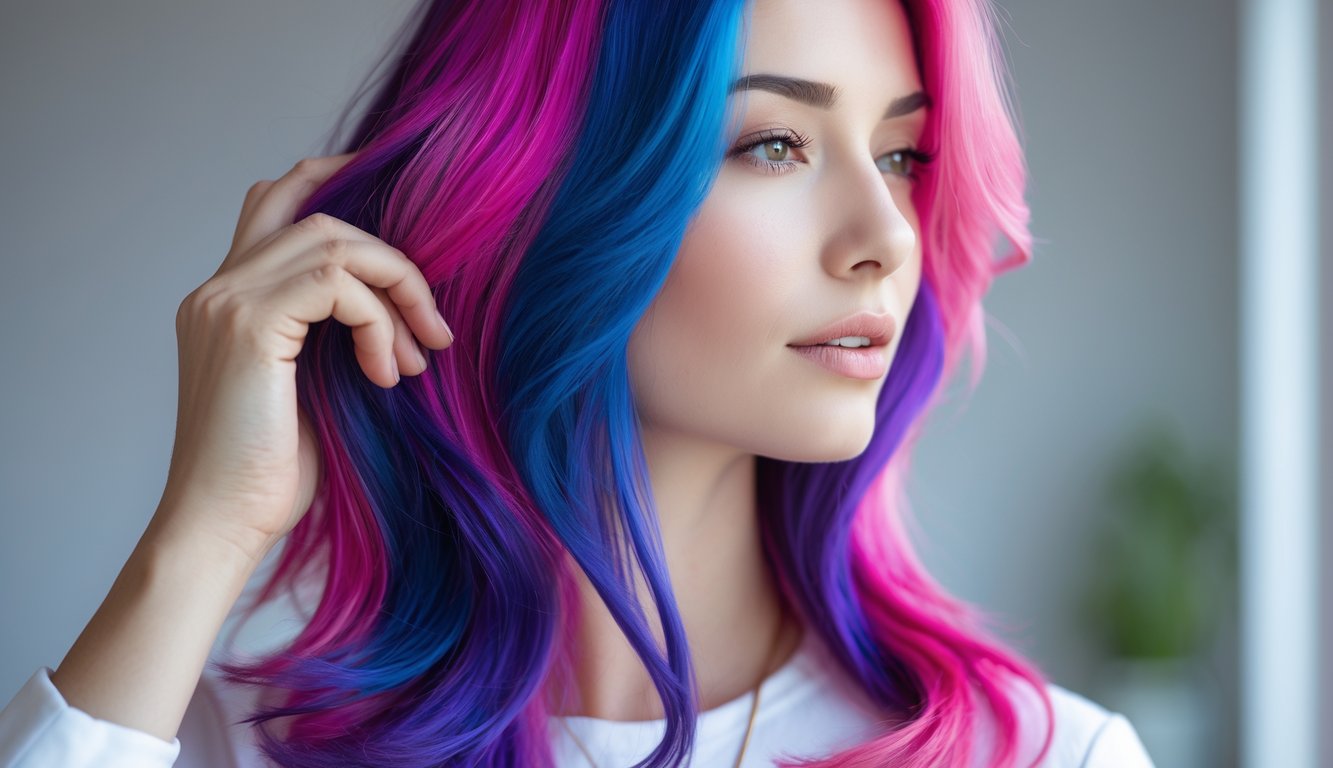 Close-up of a woman with vibrant multi-colored hair touching her hair, with a blurred neutral background.