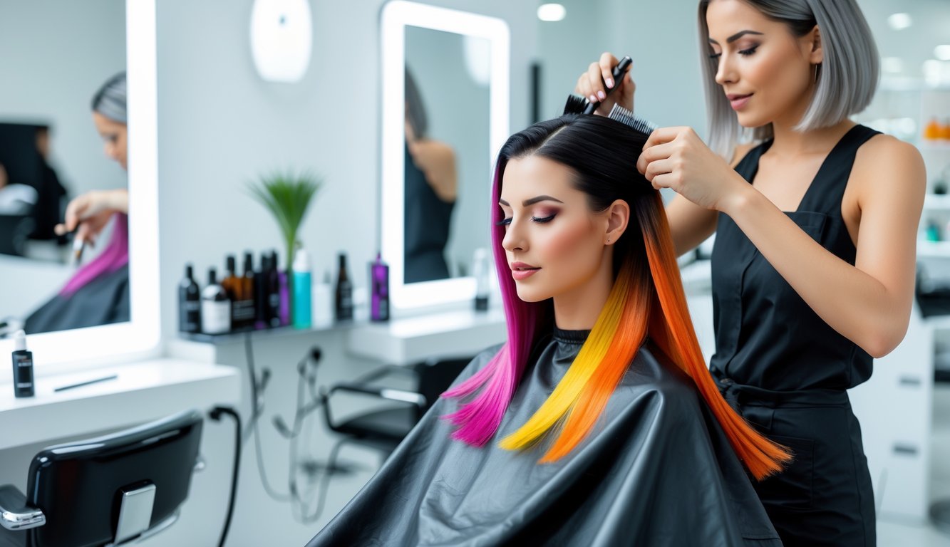 A hairstylist applying vibrant color-blocking hair dye to a client's hair in a modern salon.