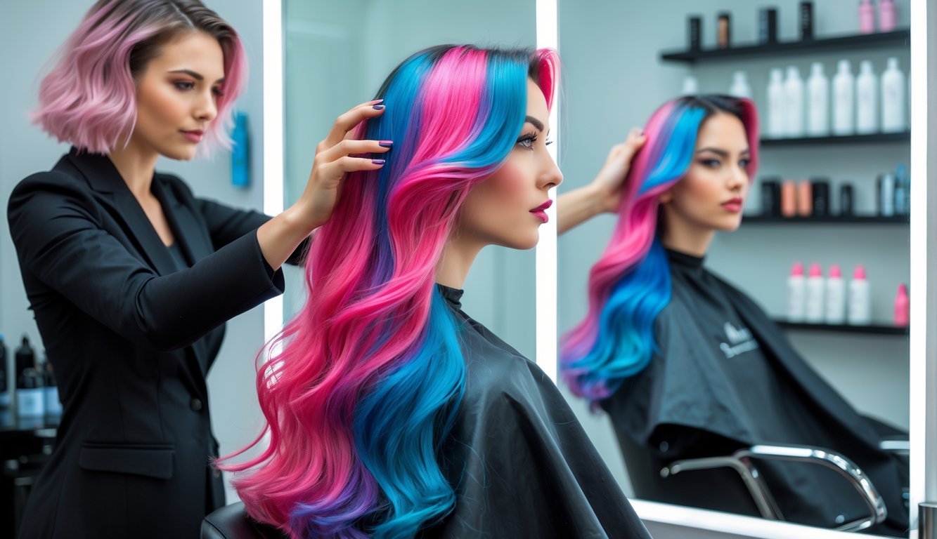 A woman with vibrant color-blocked hair sitting in a salon chair while a hairstylist examines her hair in a modern salon.