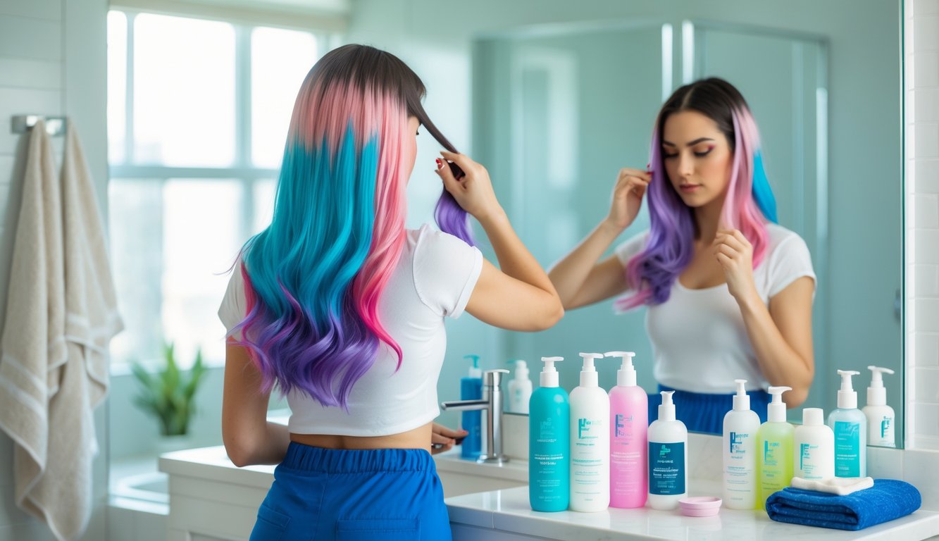 A woman with brightly colored, sectioned hair applies hair care products in a bathroom mirror, surrounded by hair tools and bottles.