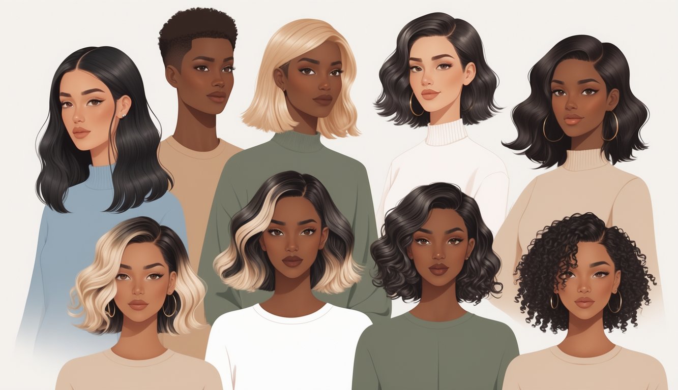 A group of people with different hair types showing subtle haircuts with fading layers, standing together against a simple background.