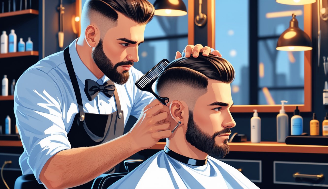 A barber closely examines a man's fresh razor haircut, focusing on hair regrowth near the hairline in a barber shop setting.