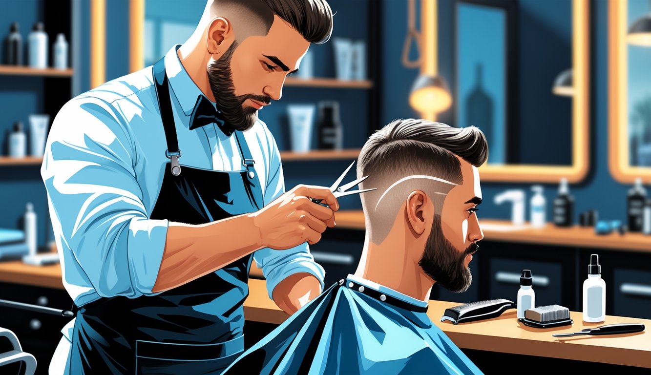 A barber closely examining a man's hair regrowth after a fresh razor cut inside a modern barber shop.