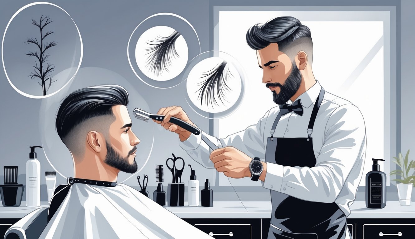 A barber carefully shaving a man's hairline with a straight razor in a barbershop, with hair care tools visible on the counter.
