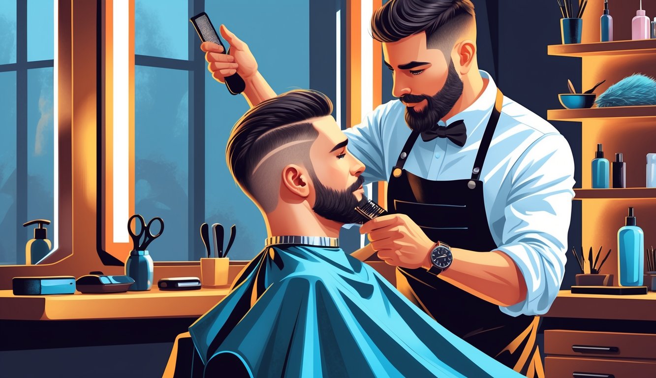 A barber carefully examining a male client's hair in a barbershop during a haircut appointment.