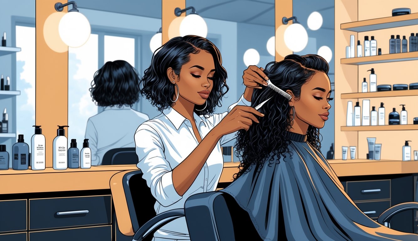 A hairstylist fixing textured hair on a client sitting in a salon chair inside a modern salon.