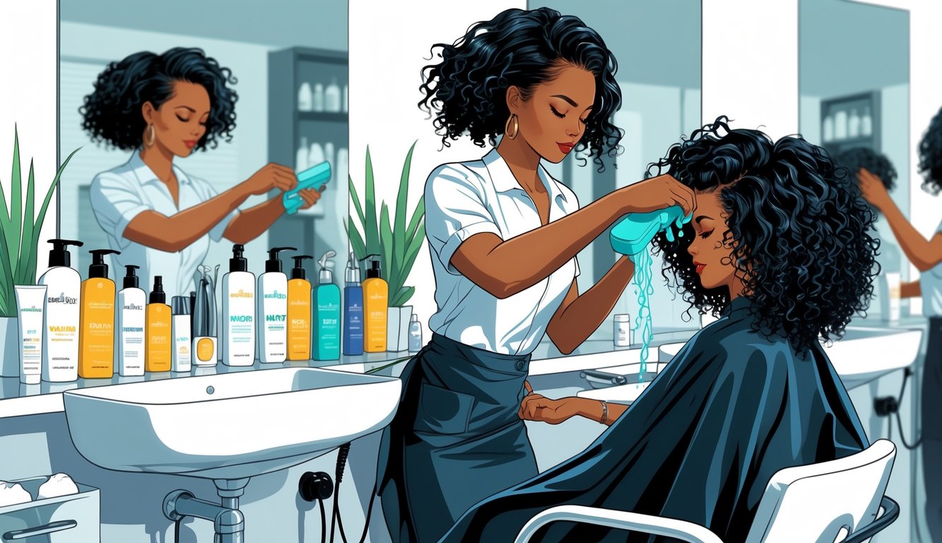 A stylist washing and caring for a client’s textured hair in a salon, with hair care products on a shelf and another stylist correcting hair care techniques nearby.