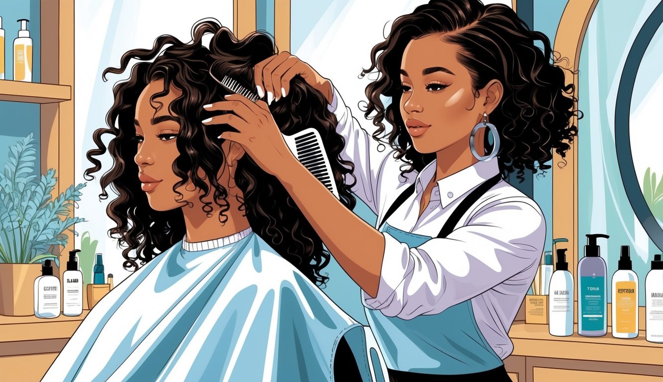 A hairstylist gently detangling textured hair of a seated client in a salon.