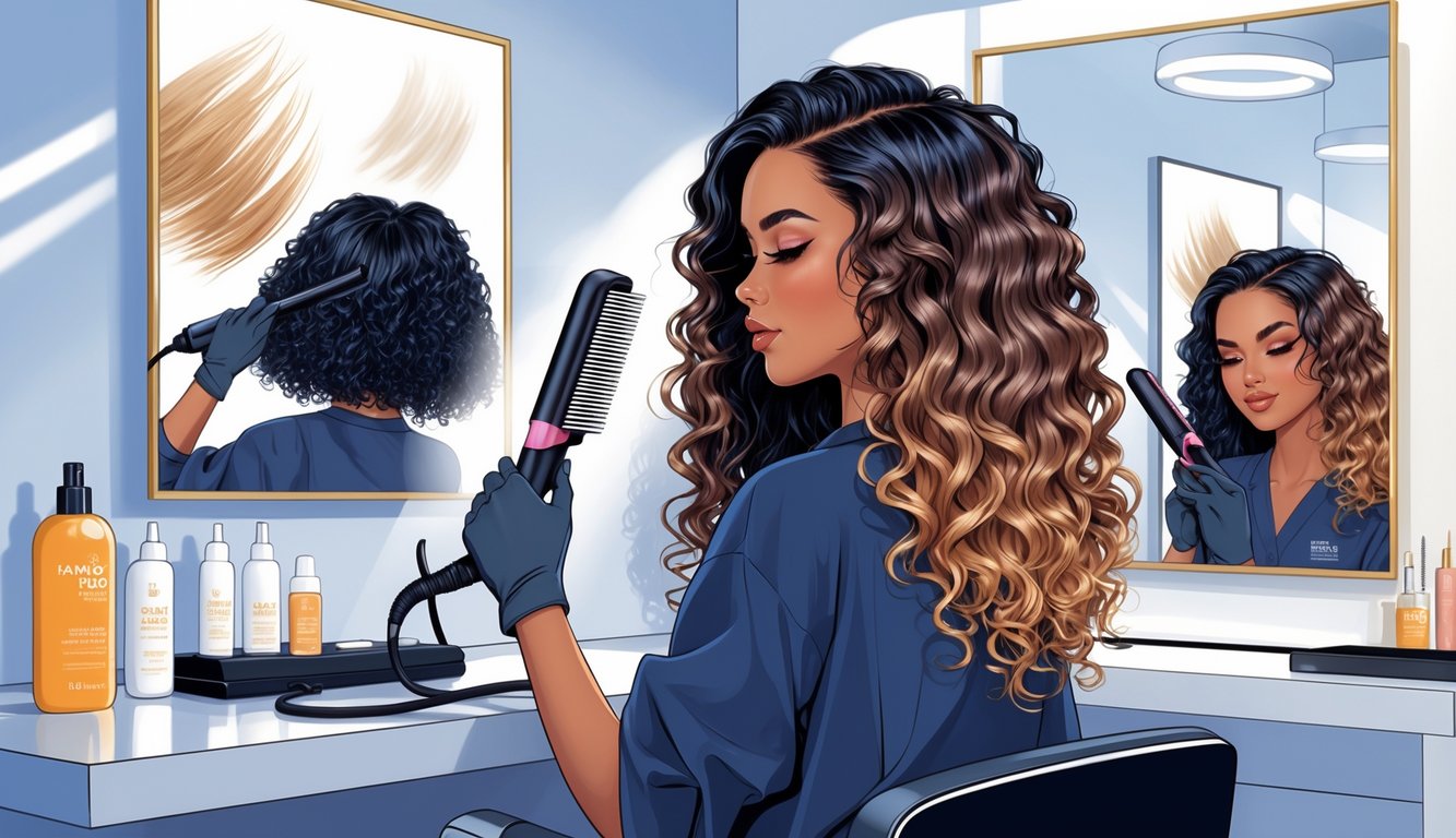 A hairstylist carefully heat styling textured hair in a salon, using a flat iron and heat protectant spray.