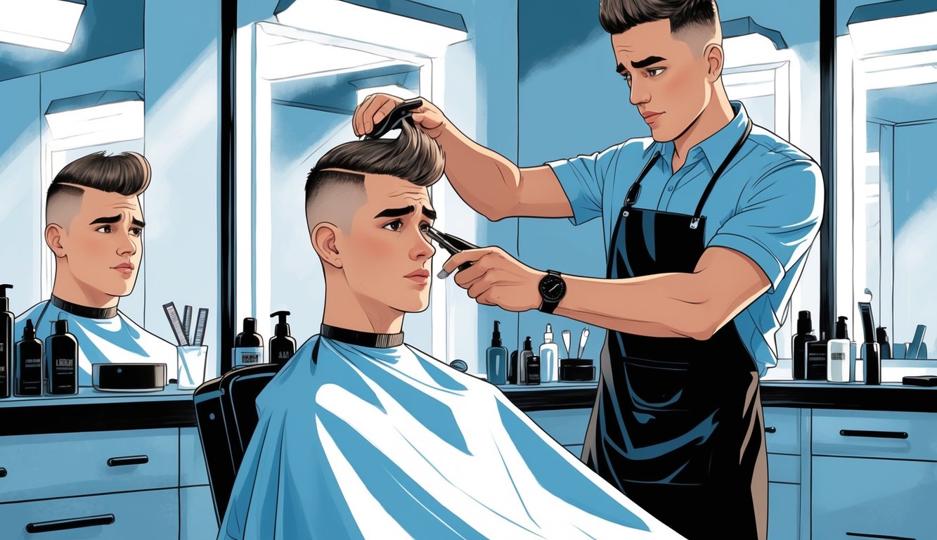 A barber examines a young man’s uneven DIY buzz cut in a barbershop, pointing out areas that need correction.