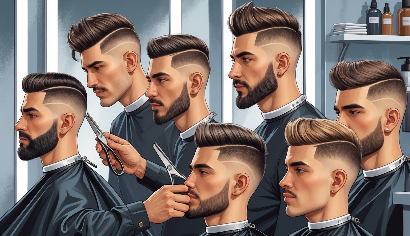 A barber carefully cutting a man's hair while other men with different face shapes and buzz cut styles stand nearby in a barbershop.