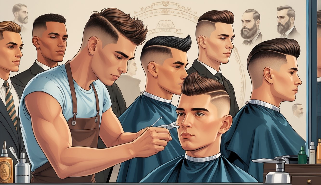 A barber carefully trimming a man's buzz cut while other men with buzz cuts from different cultures and time periods stand nearby, illustrating the hairstyle's cultural and historical importance.