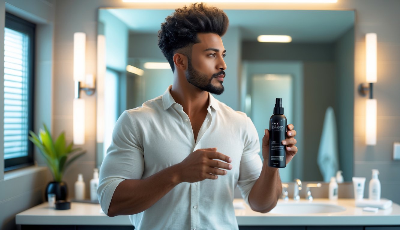A man holding a hair thickening spray bottle in a bathroom, preparing to apply it to his hair.