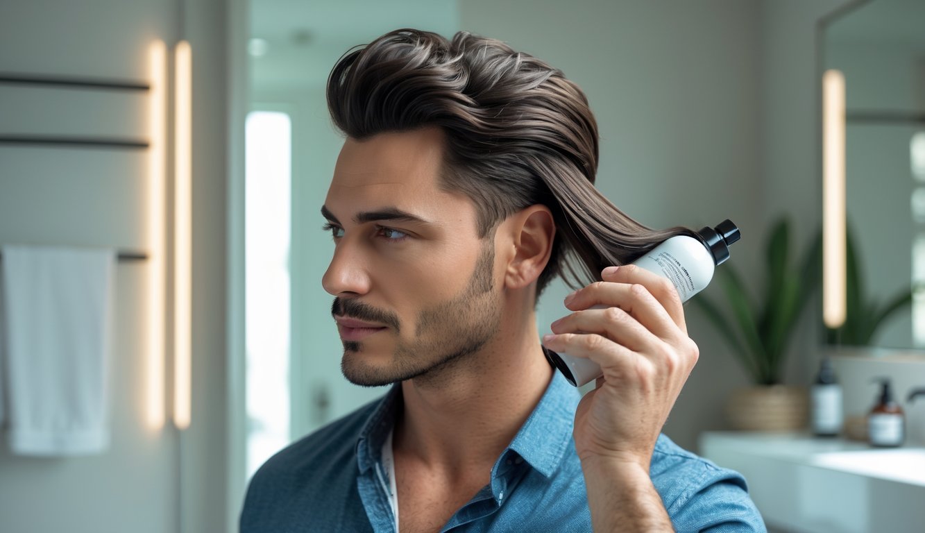 A man applying hair thickening spray to his hair in a modern bathroom.