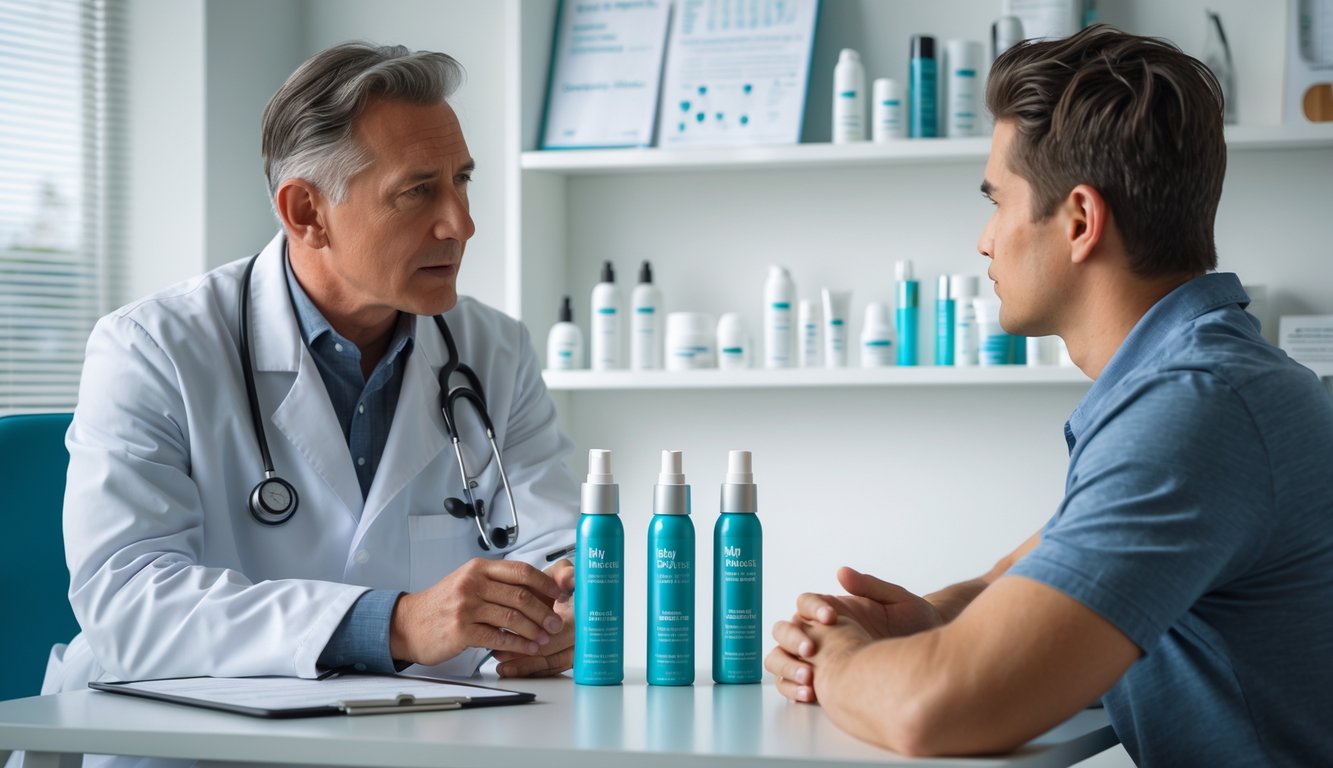 A male dermatologist advising a young man with thinning hair in a clinic, with hair thickening spray bottles on the table.