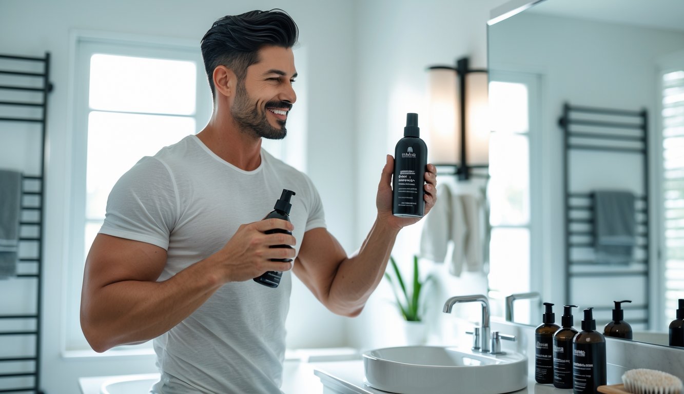 A man holding a bottle of hair thickening spray in a bright bathroom, preparing to apply it to his hair.