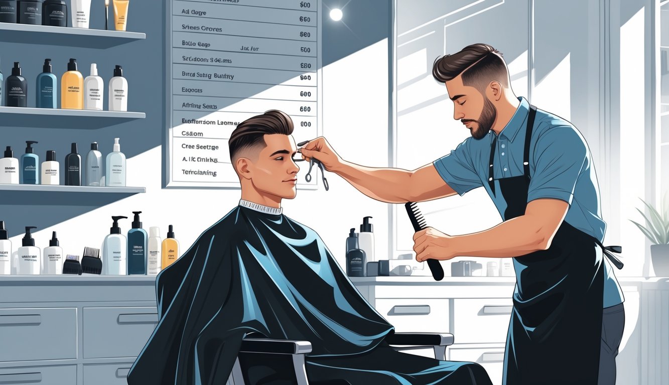A barber quietly adjusts a price list while cutting a man's hair in a barbershop.