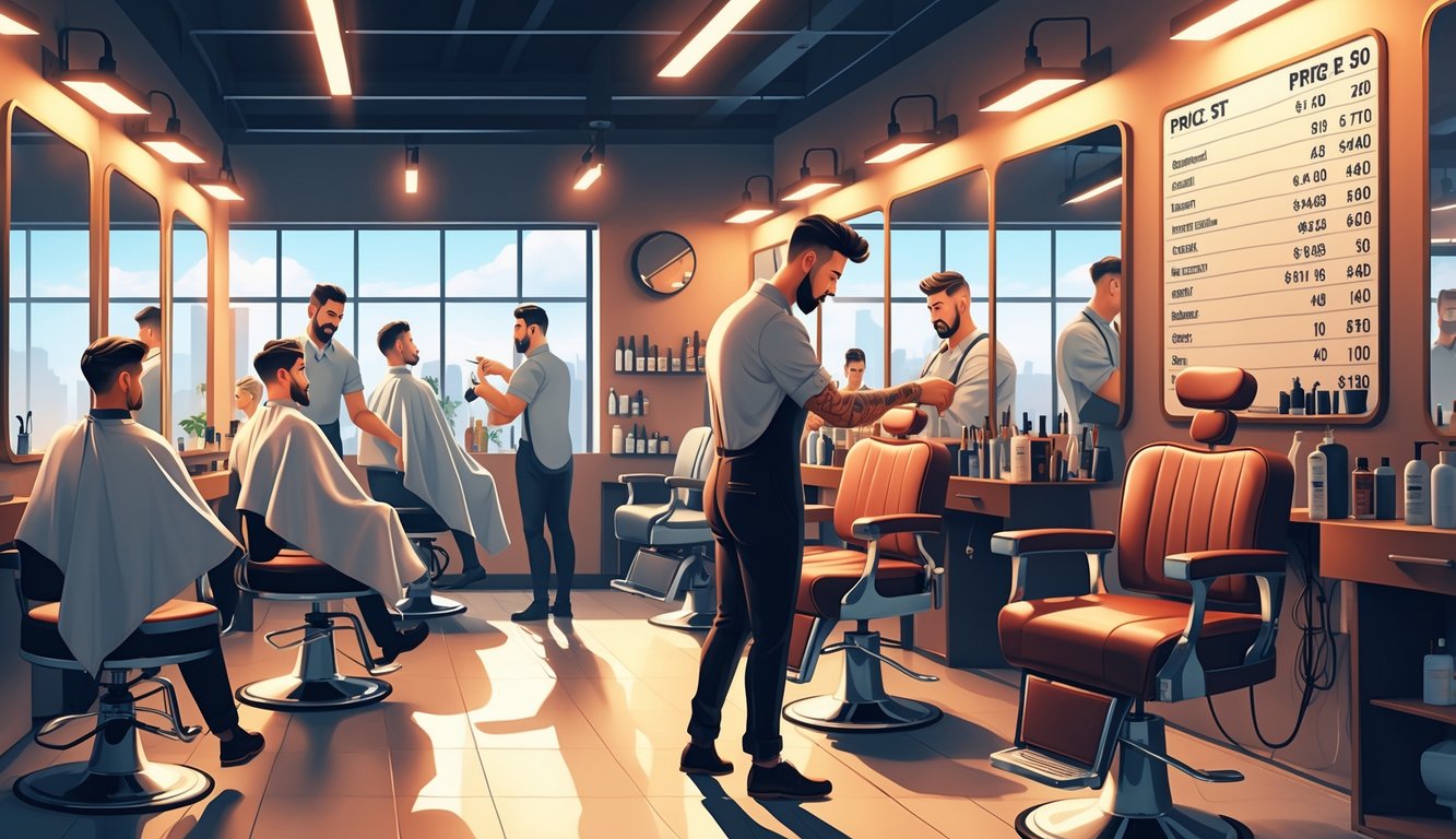 A barber discreetly adjusts prices on a board in a barbershop while men receive haircuts and beard trims.