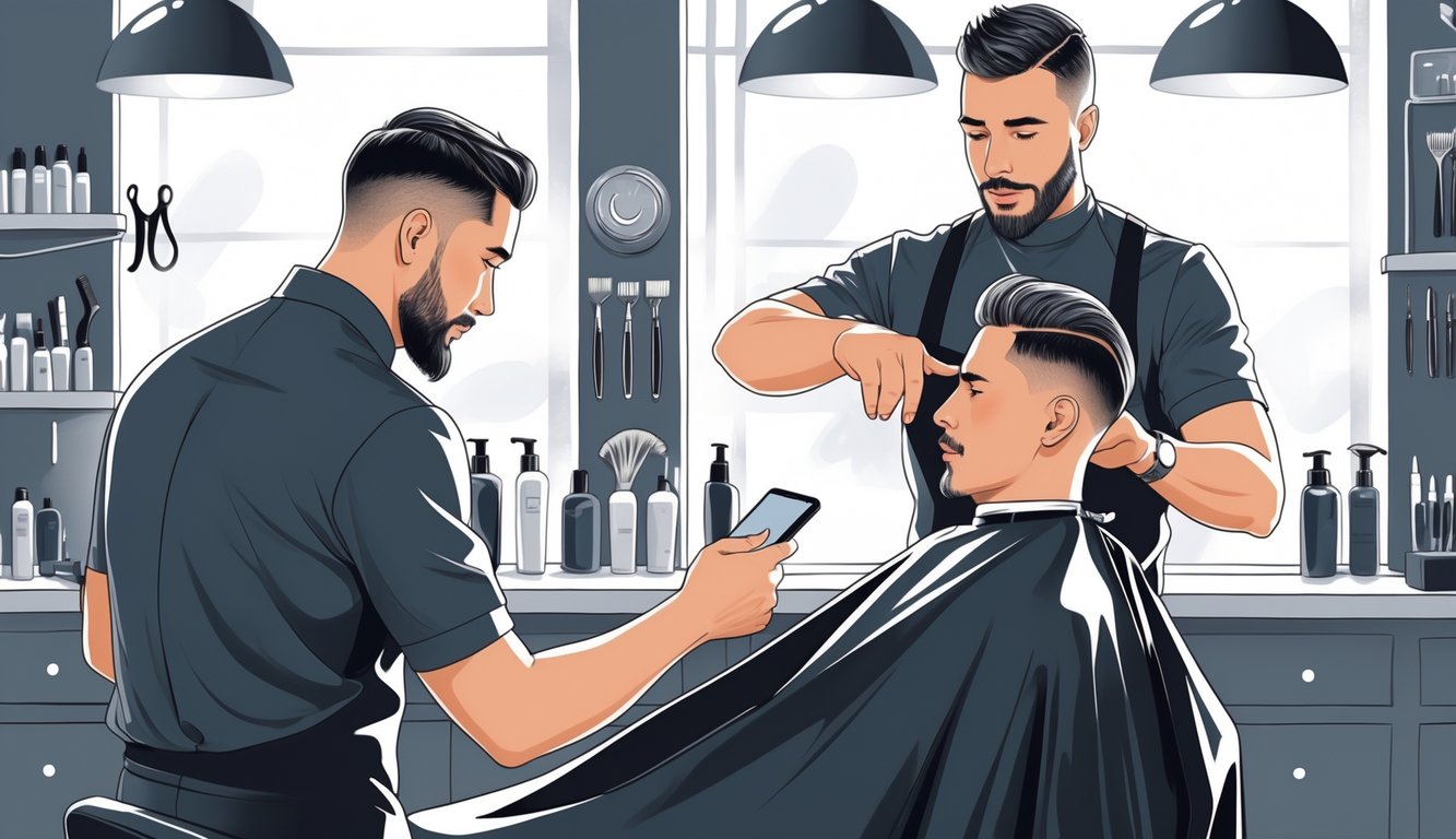 Two barbers quietly discussing pricing while a male client receives a haircut in a barbershop.