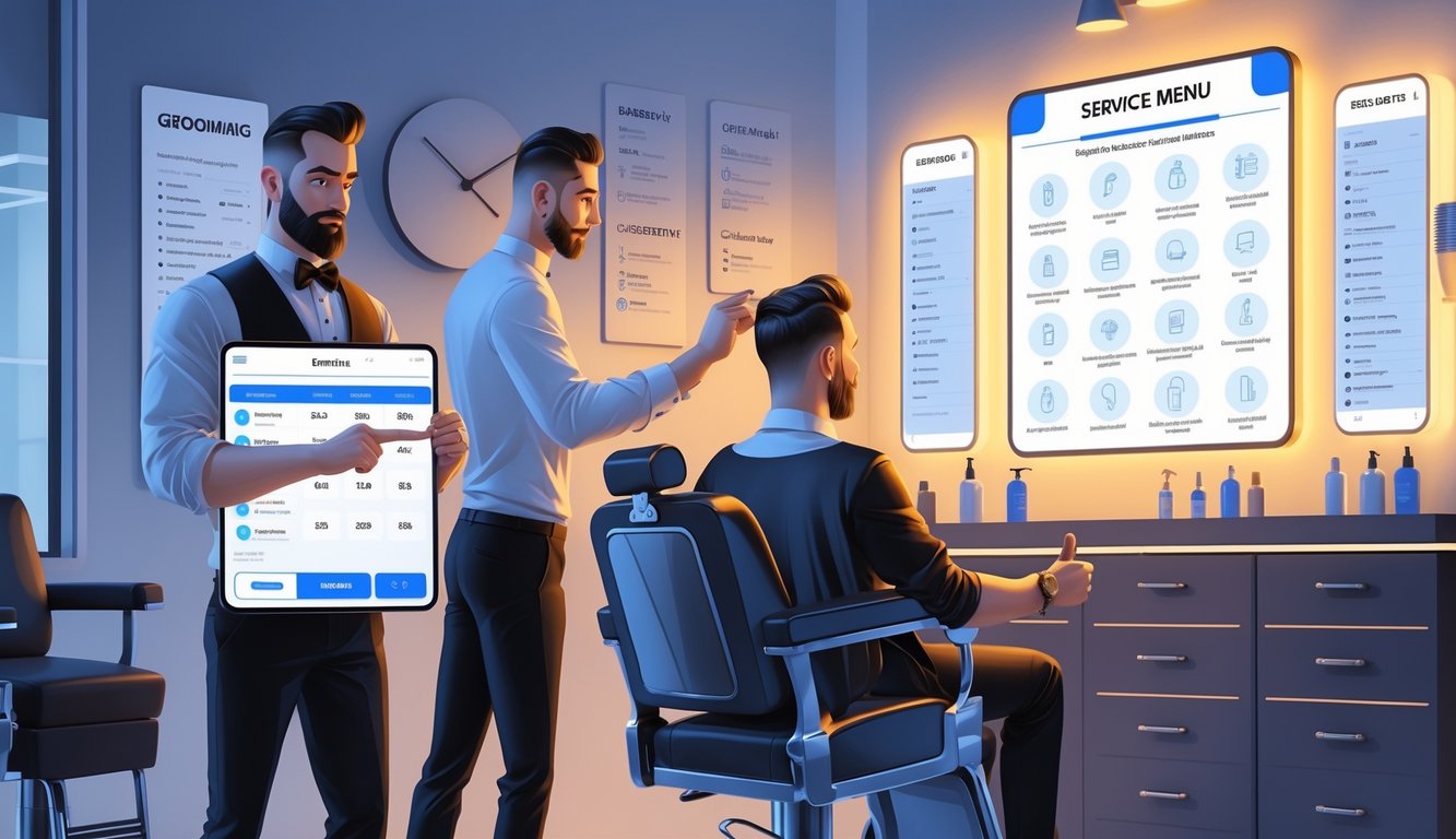 A barber adjusts prices on a digital tablet while talking to a male customer sitting in a barber chair, with a service menu visible on the wall in a modern barbershop.