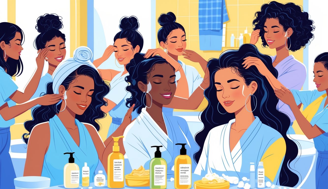 Several women with different hair types applying deep conditioning treatments to their hair in a bathroom setting.