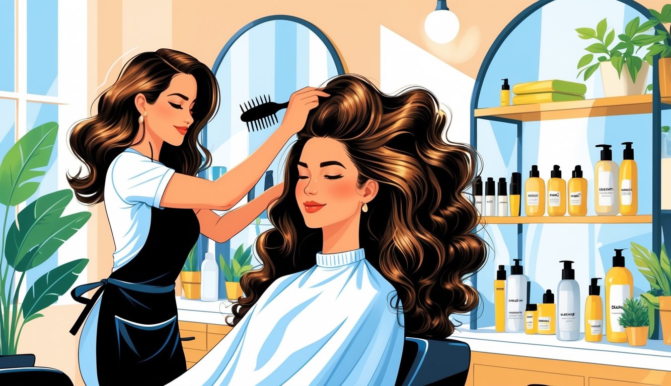 A woman with voluminous hair receiving a deep conditioning treatment from a stylist in a bright salon.