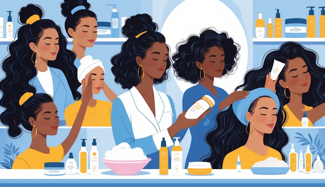 A group of women with different hair types receiving deep conditioning treatments in a bright salon setting, with a stylist applying conditioner and others relaxing with hair care products.