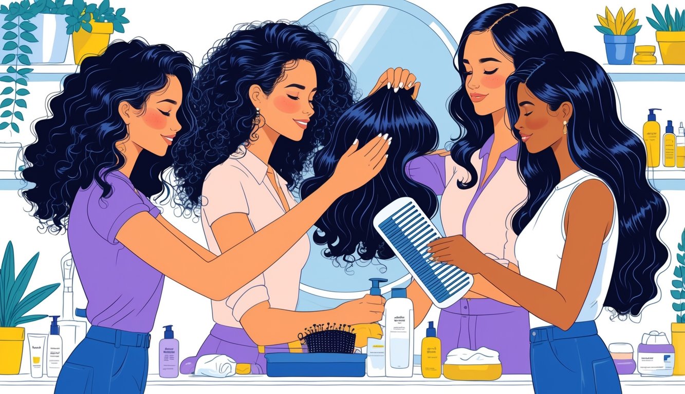 Three women with different hair types applying deep conditioning treatments in a bathroom while a stylist gives advice.