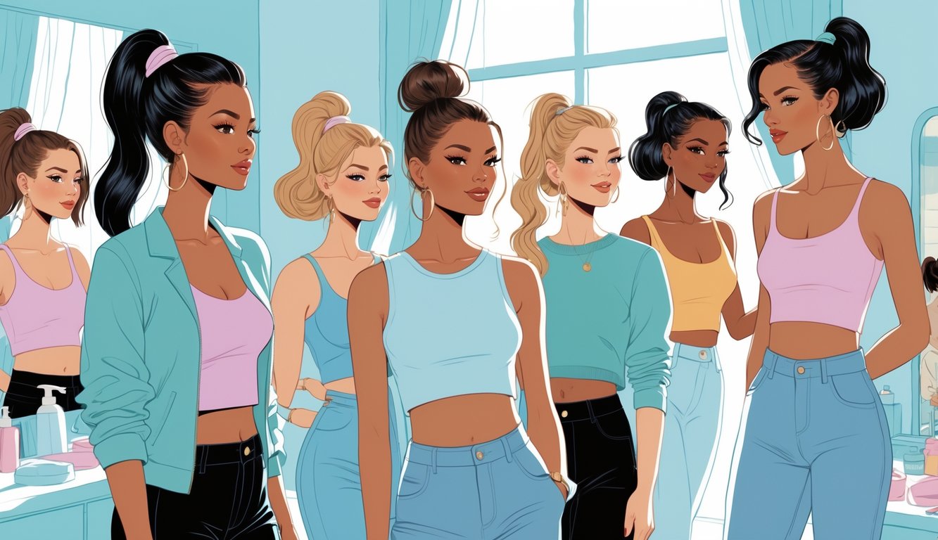 A group of women in a bright room showing different fast and polished morning hairstyles, including ponytails, waves, buns, and straight hair.