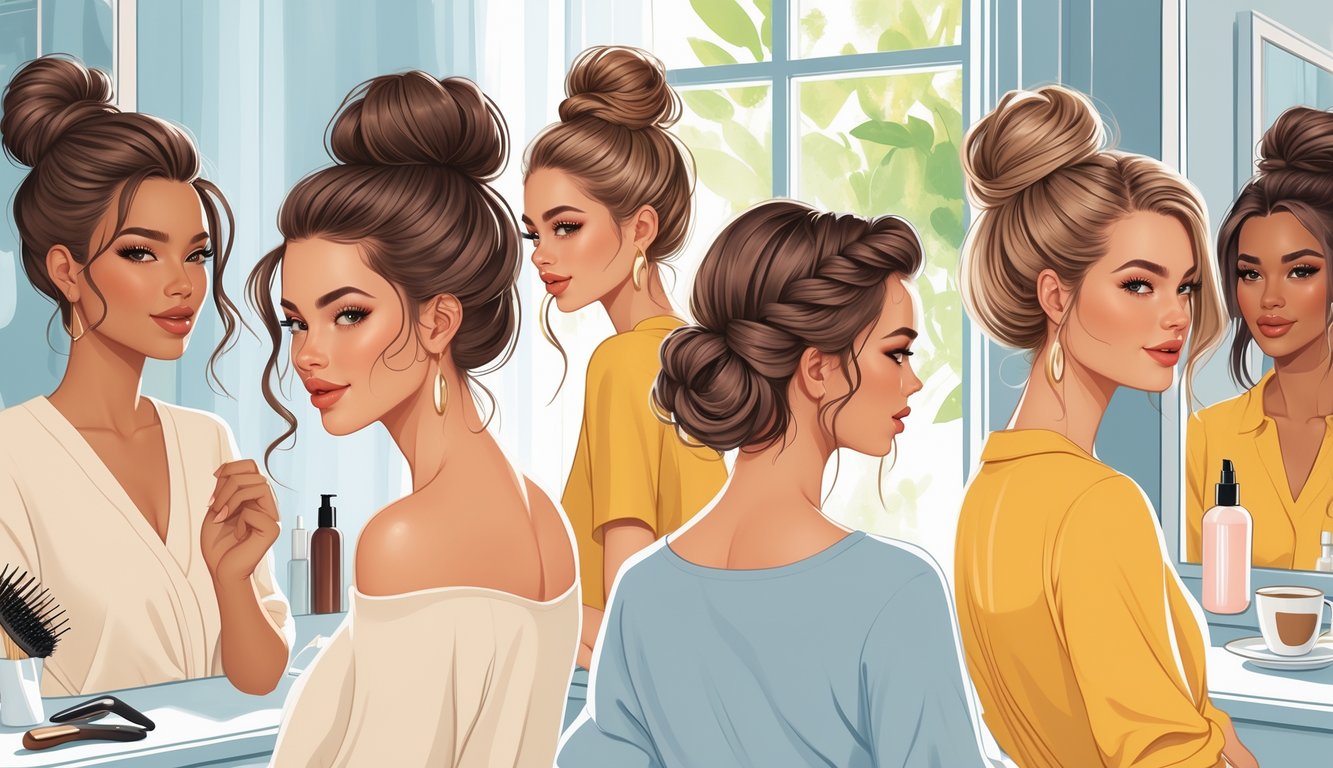 A group of women with different half-up hairstyles preparing for their day in a bright, sunlit room.