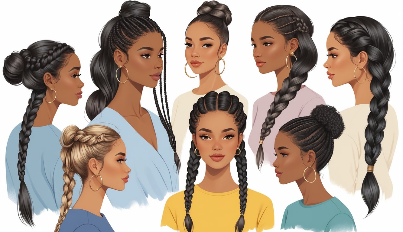 Several women with different braided hairstyles, including three-strand, fishtail, and crown braids, shown in a bright and simple setting.
