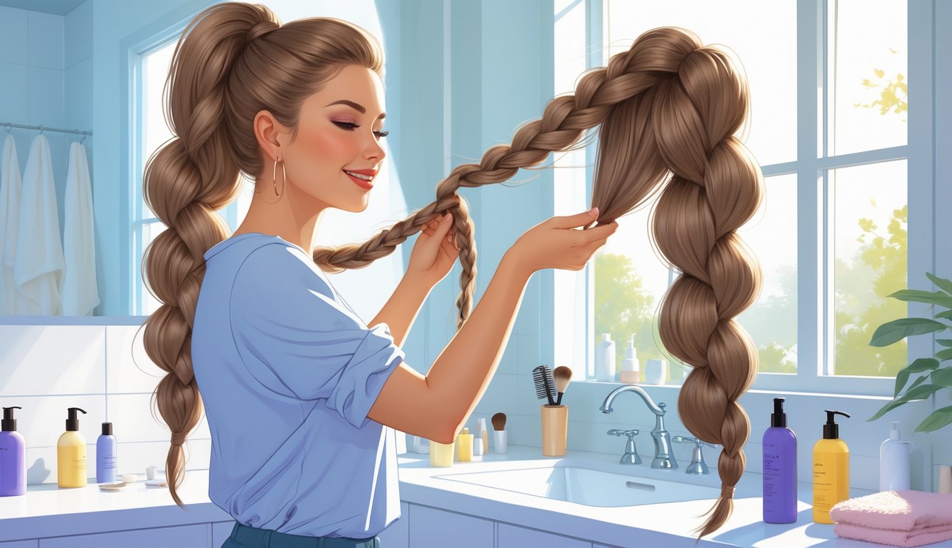 A woman braiding her hair in a bright bathroom, focusing on her hands weaving a neat braid during a morning routine.