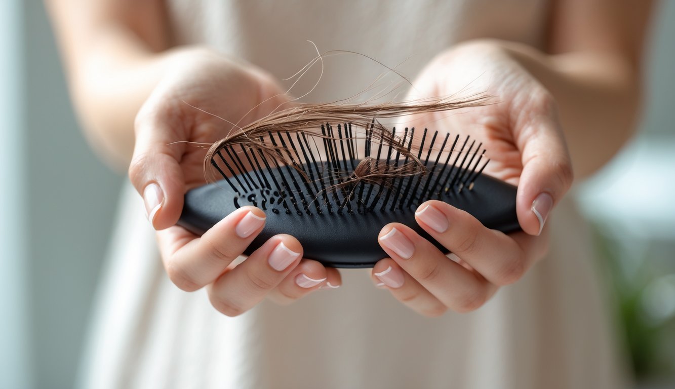Close-up of a woman's hands holding a hairbrush with broken hair strands caught in it.