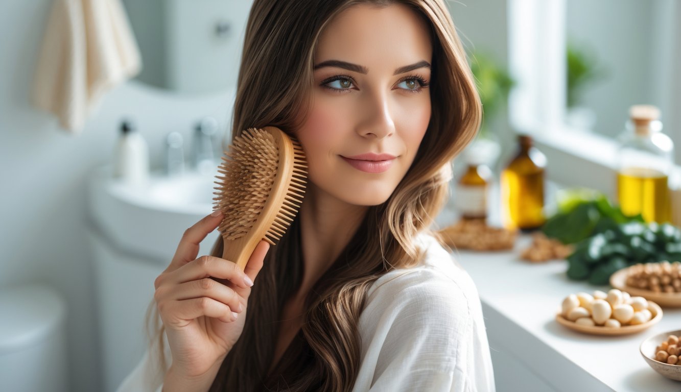 A woman with healthy hair holding a wooden hairbrush in a bright bathroom with natural hair care products and healthy foods in the background.