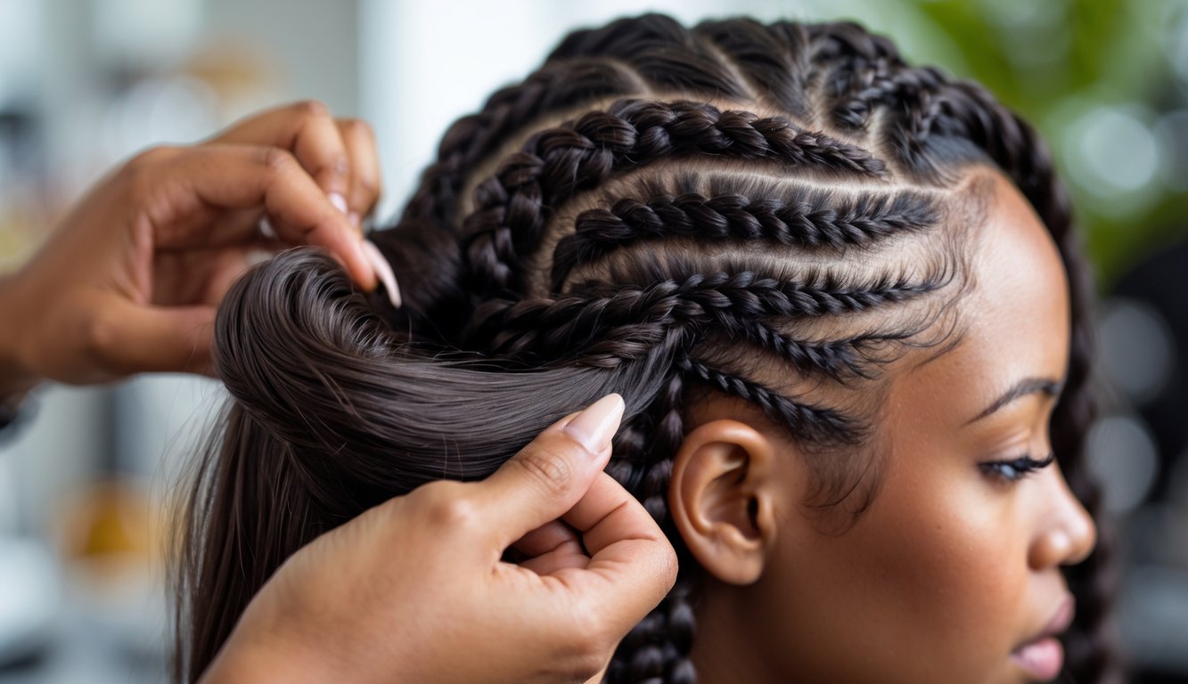 Close-up of a hairstylist braiding a client's healthy hair with detailed patterns.