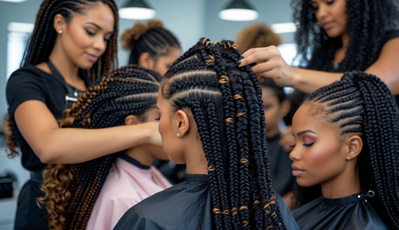 Hairstylists braiding the hair of clients using healthy hair growth techniques in a salon.