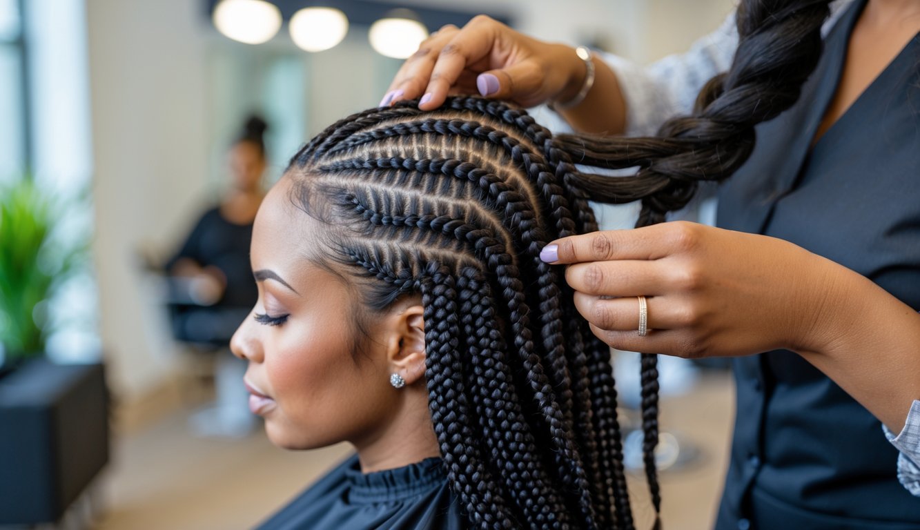 A hairstylist braiding a client's hair with detailed, healthy braiding patterns in a clean salon.