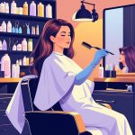 A hair colorist applying root touch-up dye to a client's hair in a salon, with shelves of hair color products and tools visible in the background.