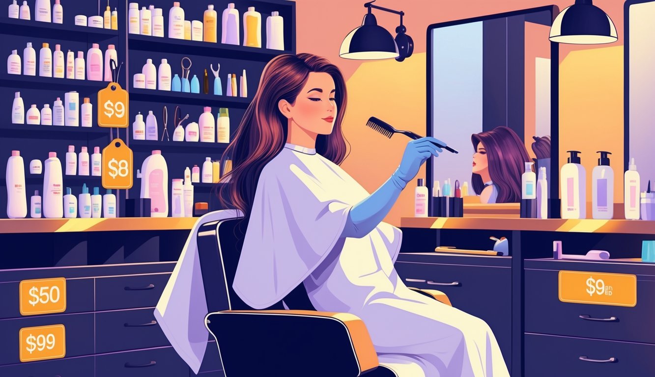 A hair colorist applying root touch-up dye to a client's hair in a salon, with shelves of hair color products and tools visible in the background.