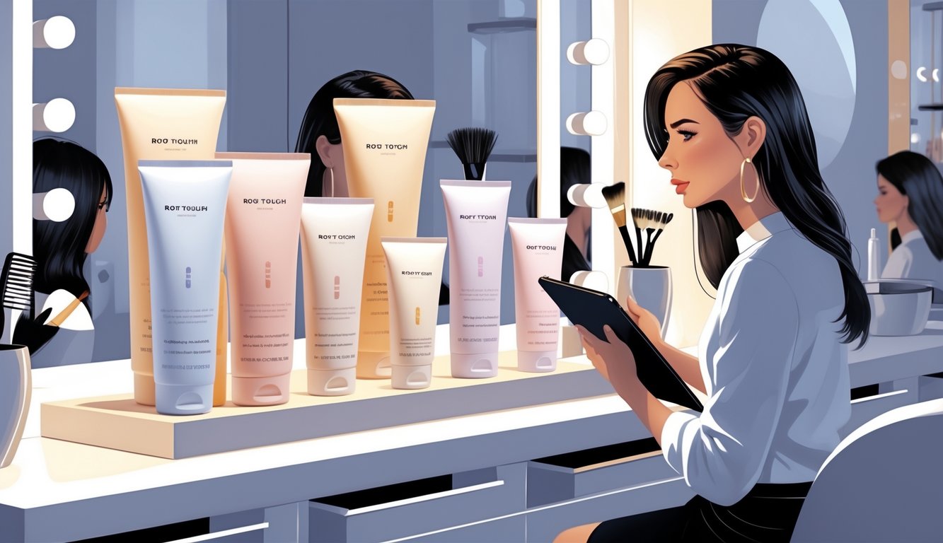 A hair salon scene showing a colorist examining root touch-up kits displayed on a shelf with salon tools in the background.
