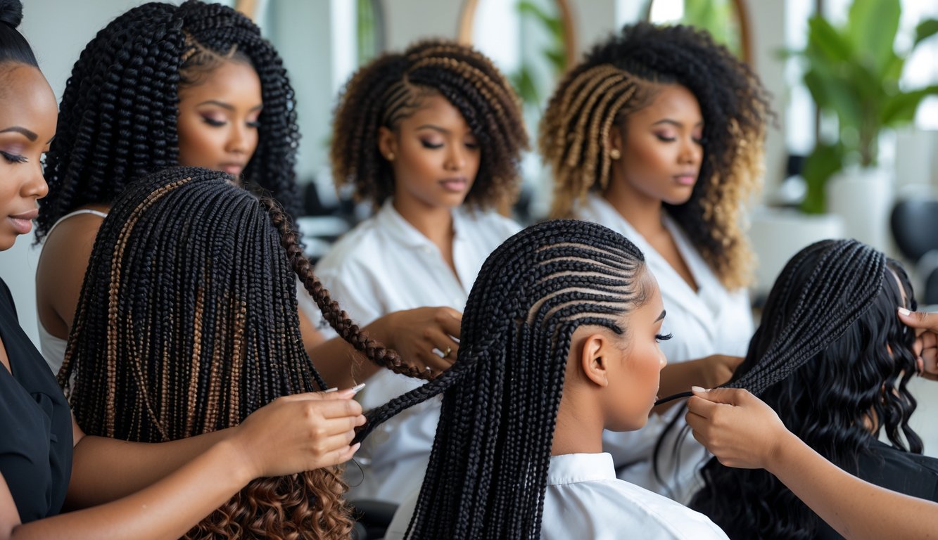 Hairstylists braiding the hair of clients with different hair types in a modern salon.
