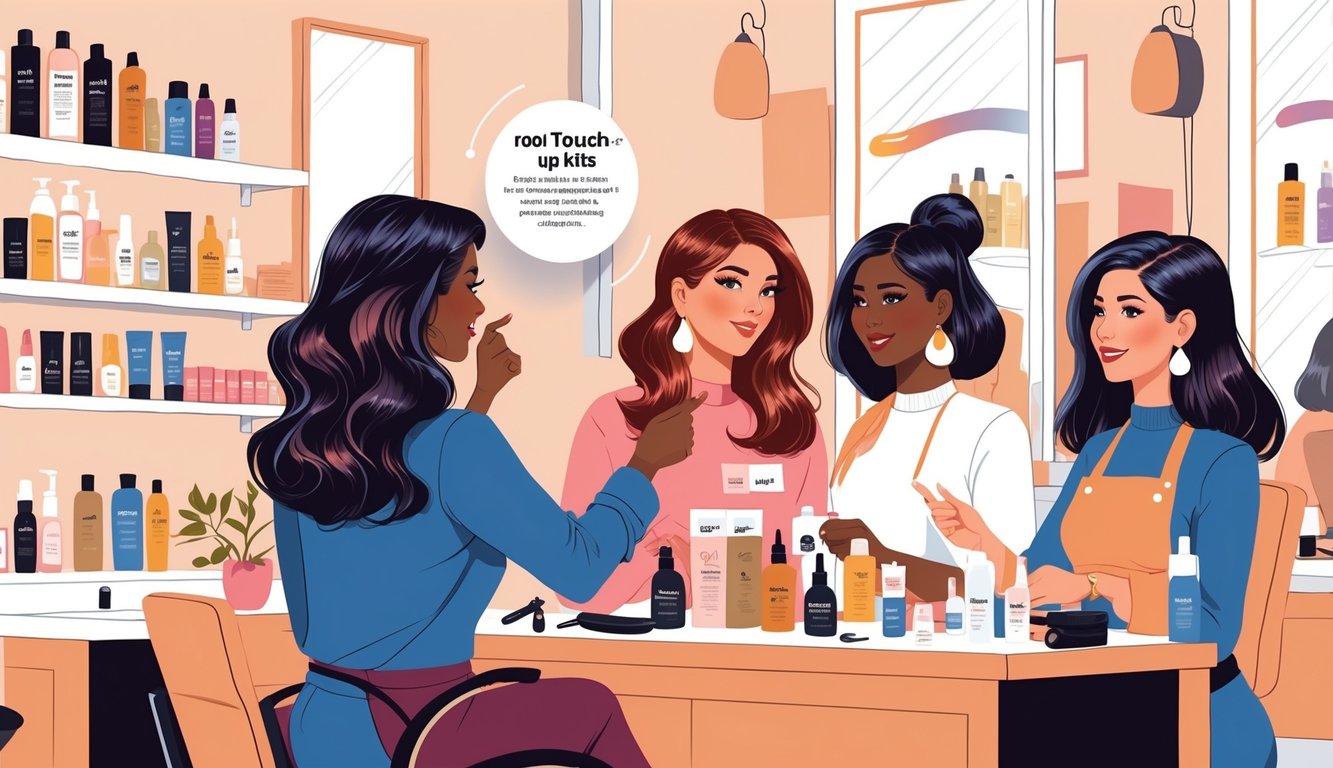 Hair colorists in a salon discussing root touch-up kits with shelves of hair products around them.