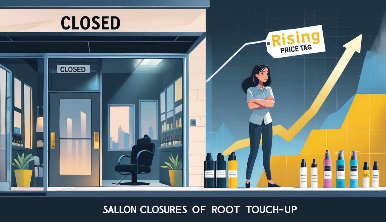 A closed hair salon with a worried colorist looking at rising prices of root touch-up kits displayed on a counter, with a chart showing increasing costs in the background.