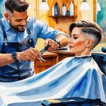 A barber cutting a client's short hair in a barbershop with tools and a relaxed atmosphere.
