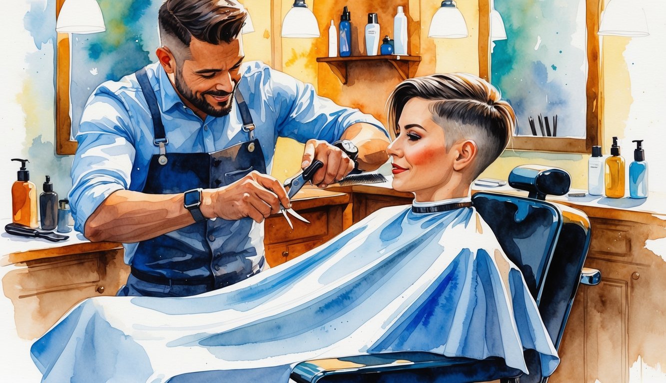 A barber cutting a client's short hair in a barbershop with tools and a relaxed atmosphere.