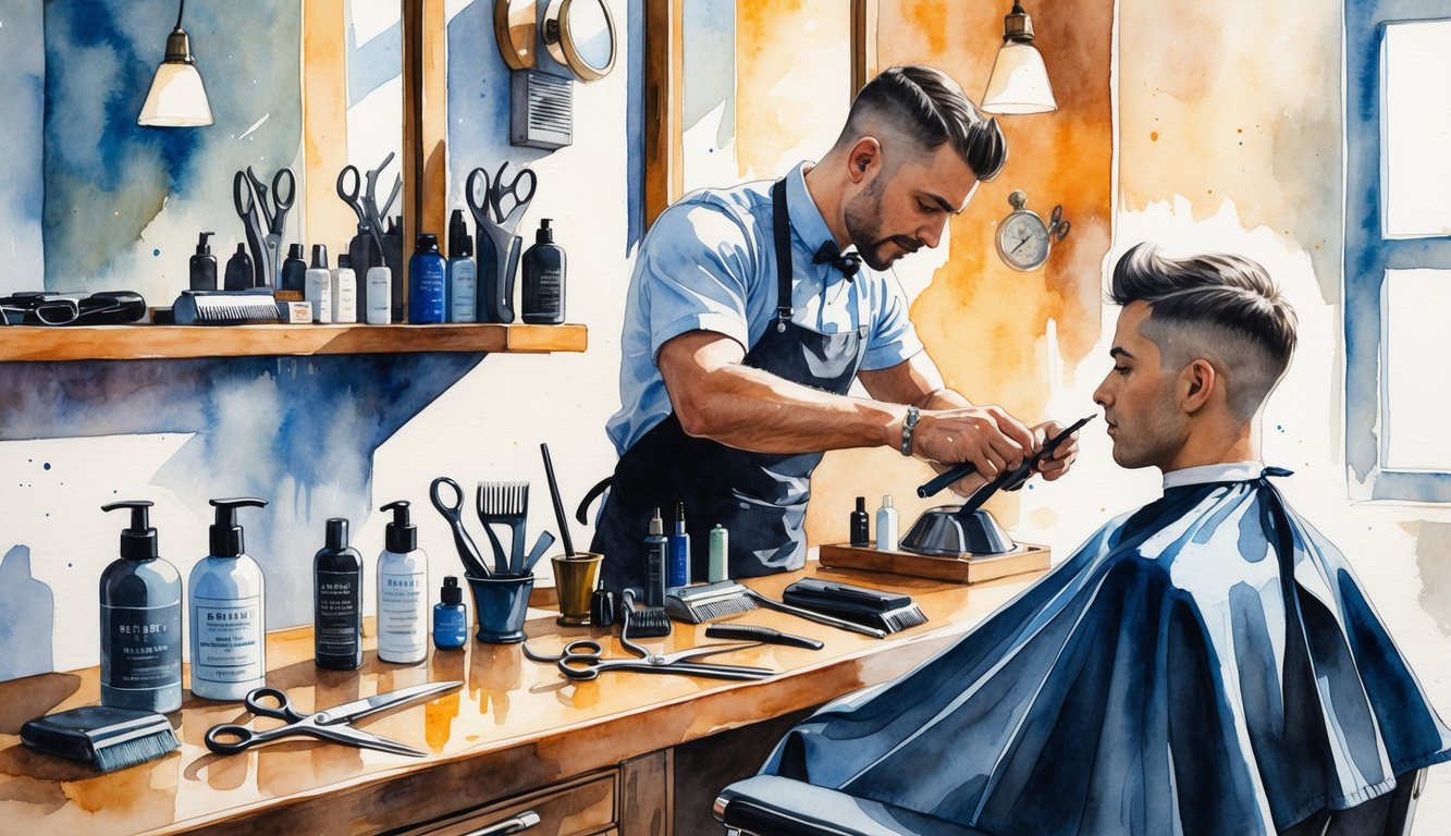 A barber cutting a client's short hair with scissors and clippers in a barbershop filled with essential tools on the countertop.
